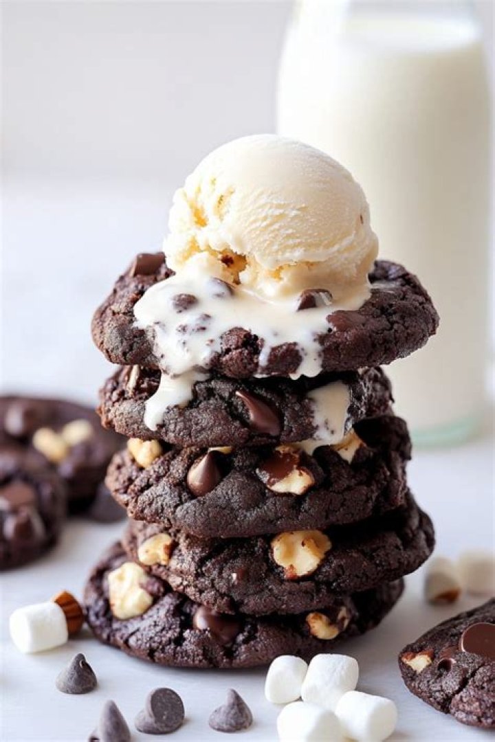 Stack of rocky road cookies split in half.